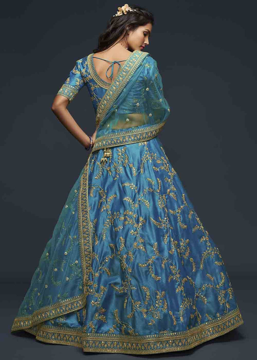 Turquoise Blue Silk Bridesmaids Lehenga Choli With Zari Work