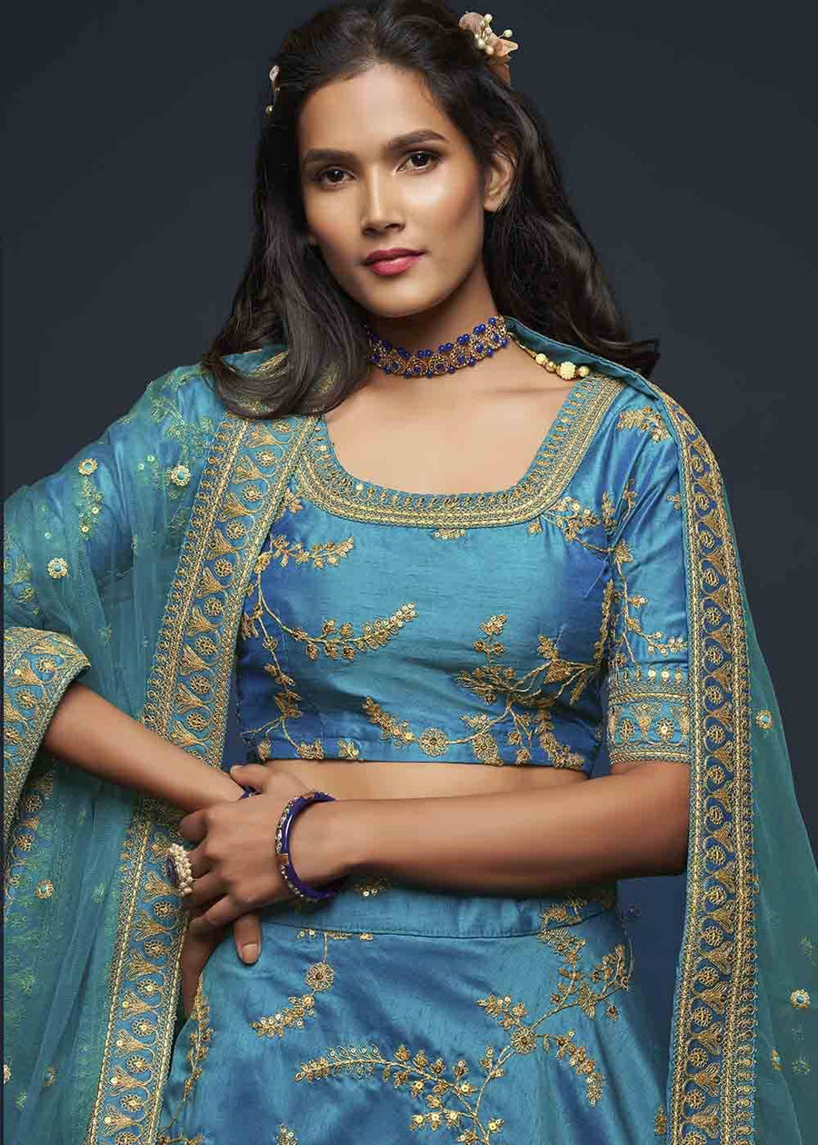Turquoise Blue Silk Bridesmaids Lehenga Choli With Zari Work