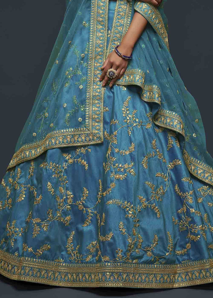Turquoise Blue Silk Bridesmaids Lehenga Choli With Zari Work