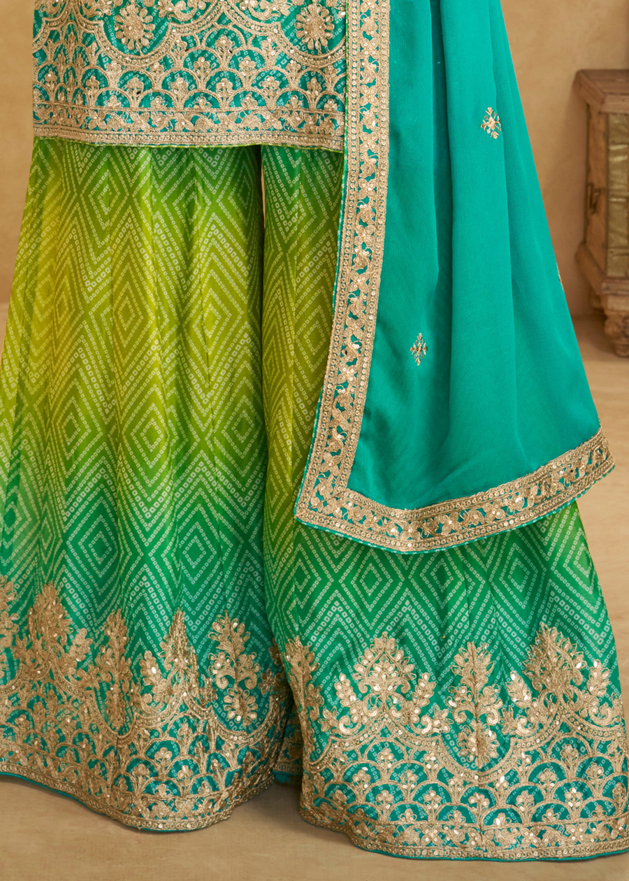 Designer Jade Green & Lime Green Ombre Chinon Silk Bandhani Suit Set