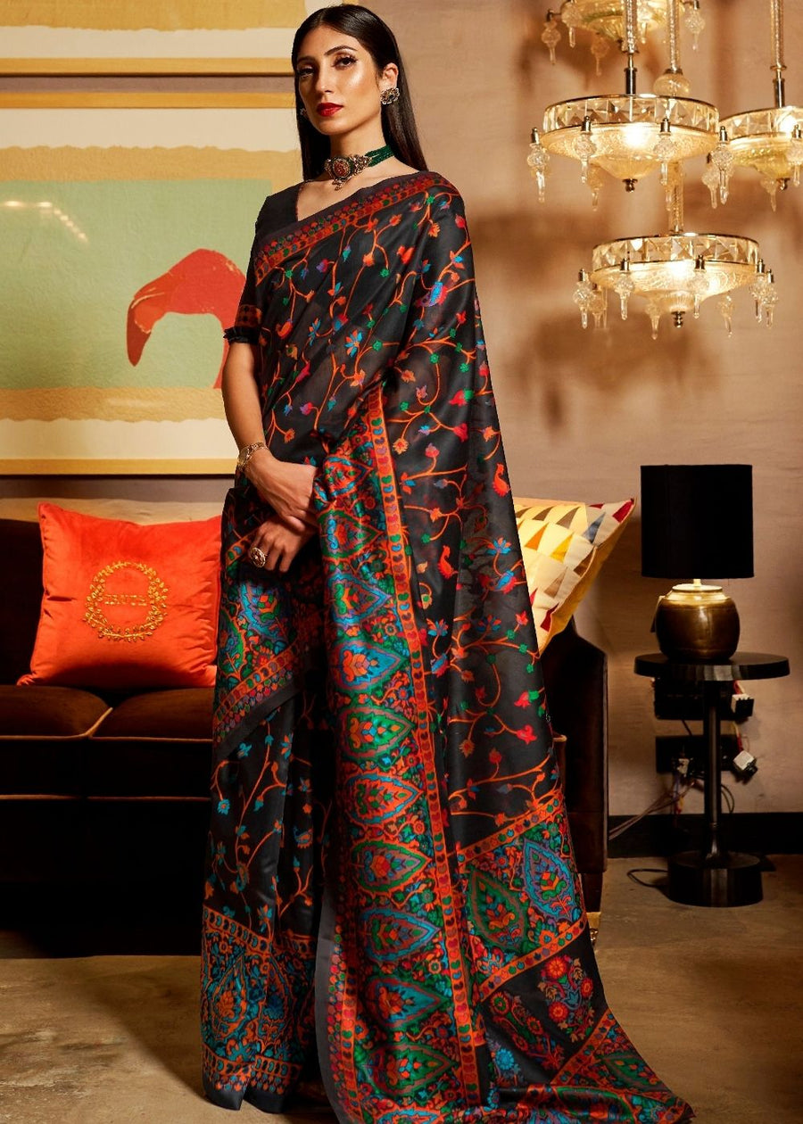 Pure Kashmiri Jamawar Silk Black Handloom Saree