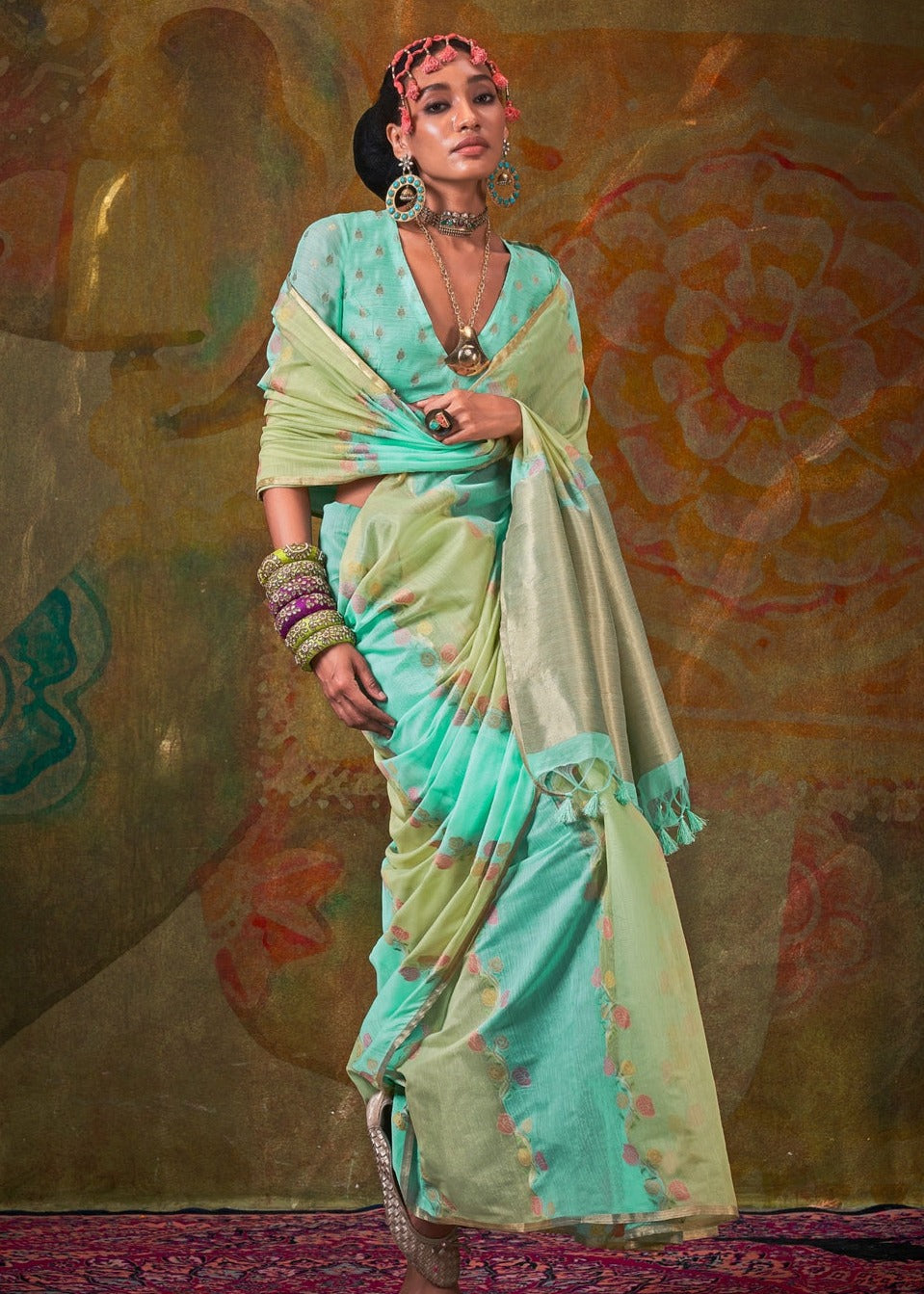 Two Tone Green Handwoven Cotton Silk Saree