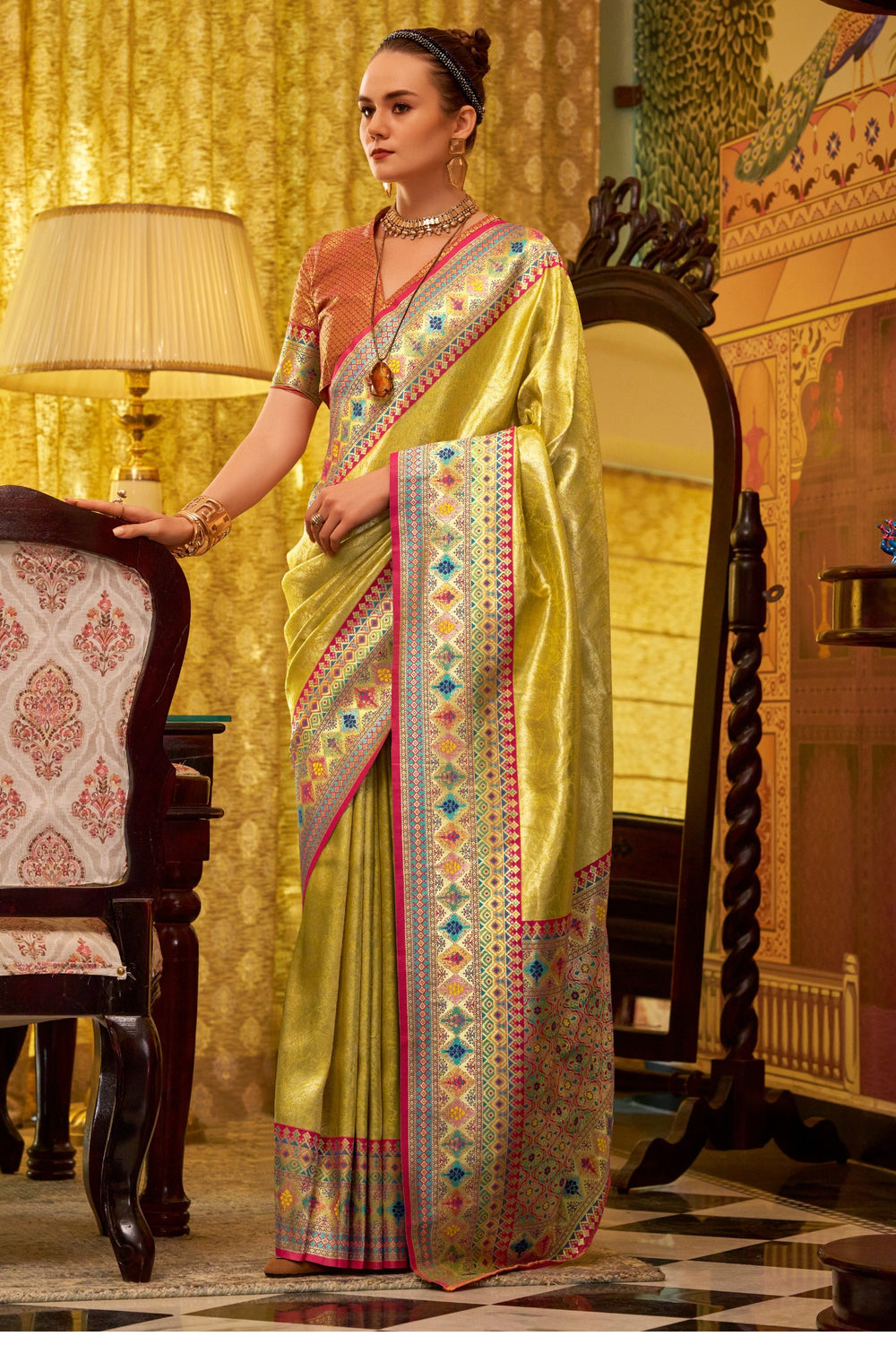 Yellow Banarasi Tissue Silk Multicolor Weaving Border Saree