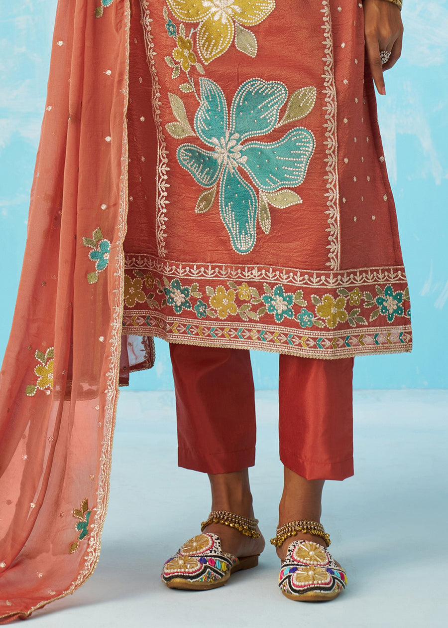 Rust Brown Crushed Tissue Silk Ethnic Pant Style Suit With Dupatta