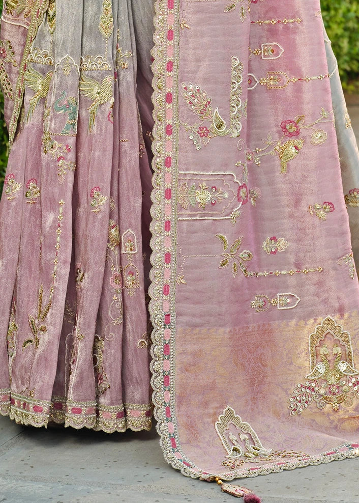 Pastel Pink & Grey Ombre Zari Silk Embroidered Bridal Saree