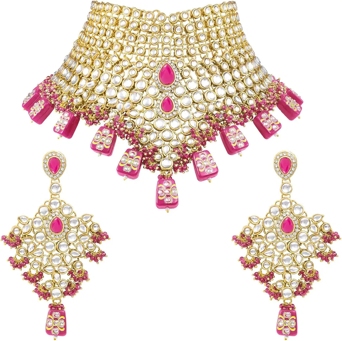 Kundan Bridal Jewellery Necklace Set With Earrings, Maang Tikka, Hathphool & Nose Ring (Pink)
