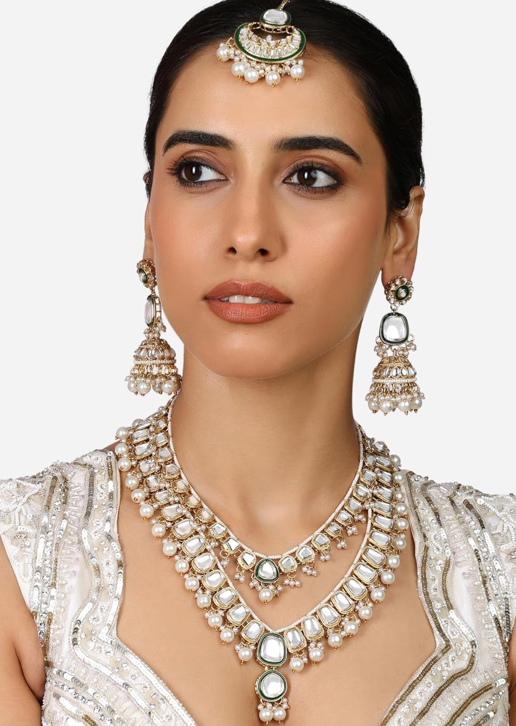 Traditional Polki Necklace Set With Earrings & Maang Tikka