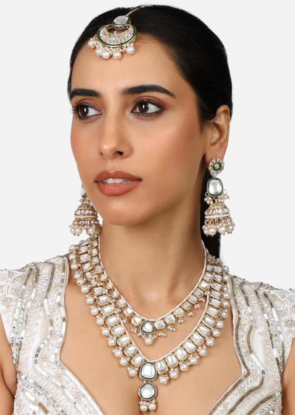Traditional Polki Necklace Set With Earrings & Maang Tikka