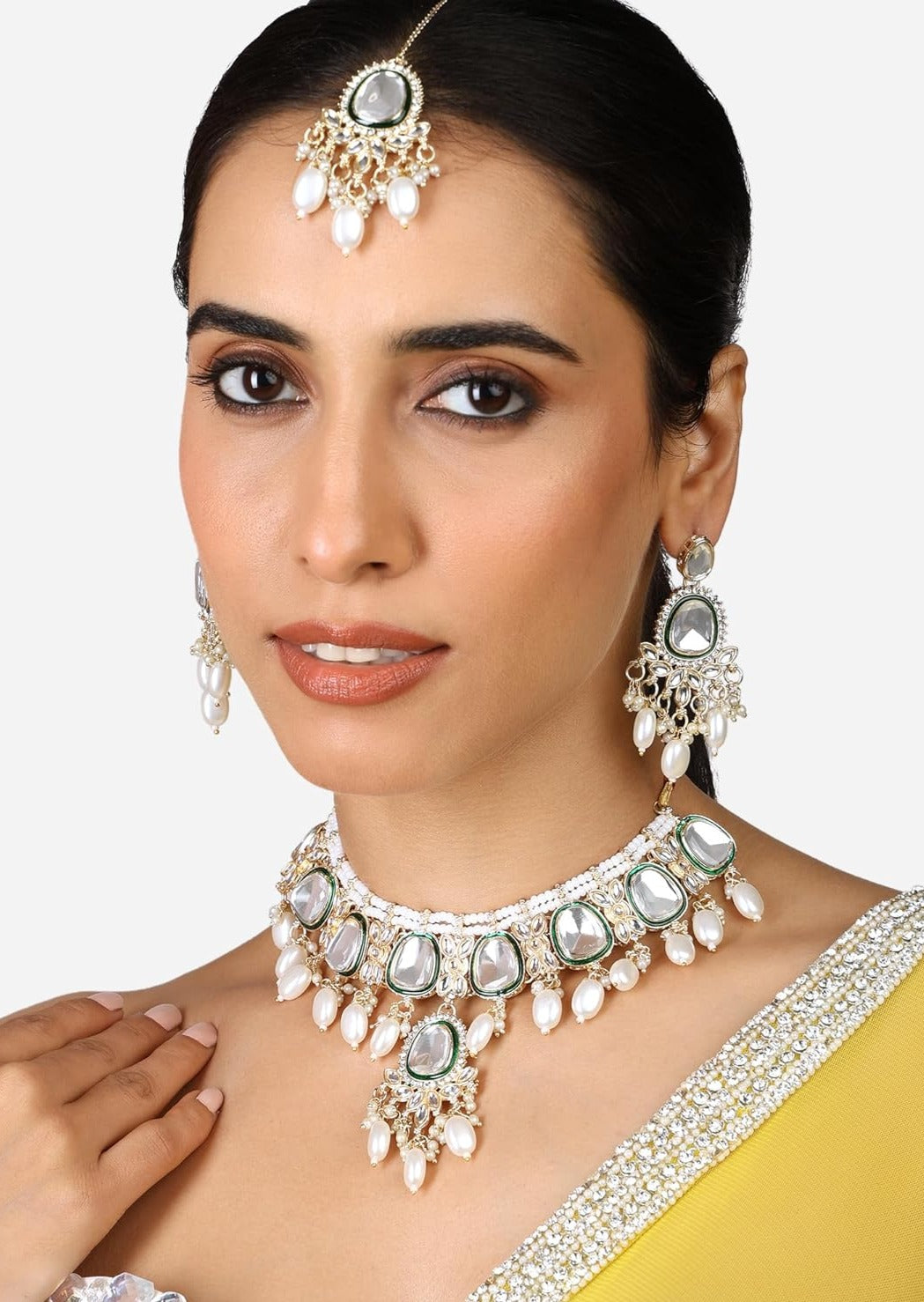 Polki Kundan Choker Necklace Set With Earrings & Maang Tikka