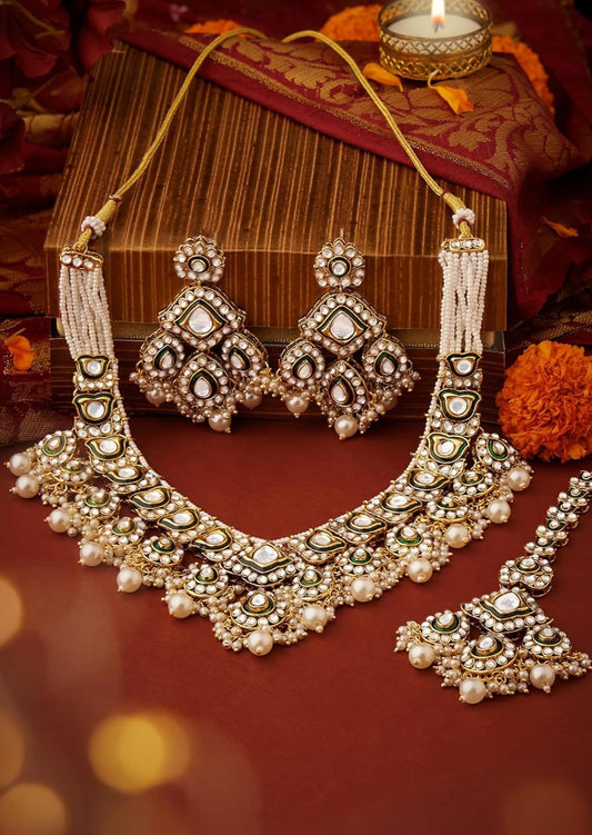 Kundan Polki Necklace Set With Earrings & Maang Tikka