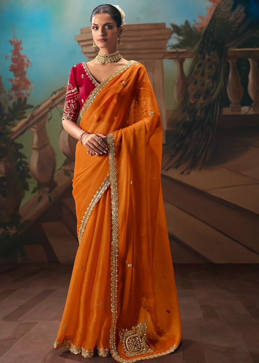 Orange Organza Tissue Silk Embroidered Bridal Saree & Red Blouse