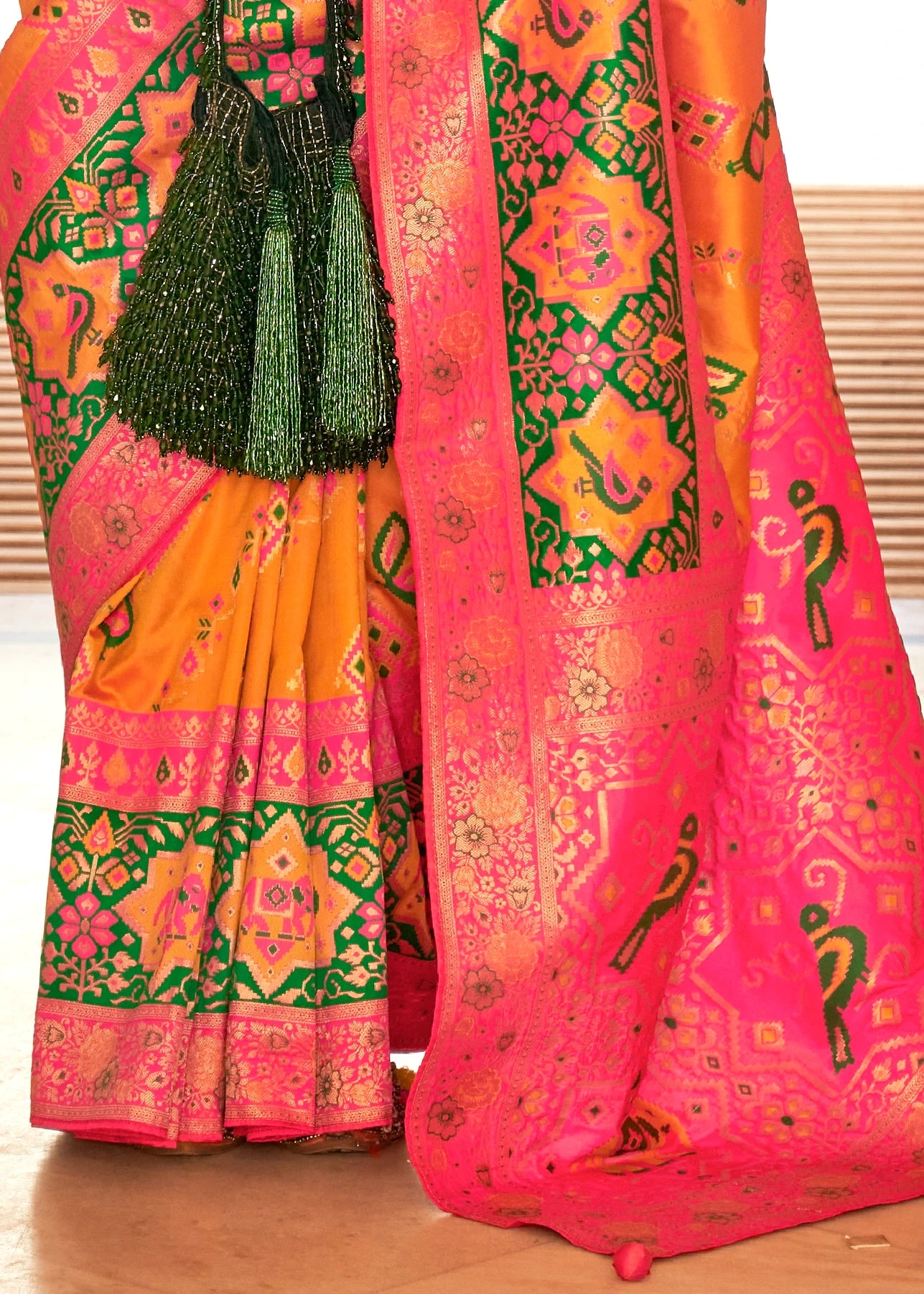 Mustard Yellow Patola Silk Saree With Pink Blouse