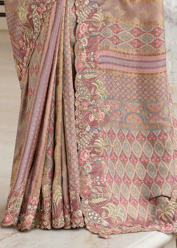 Mauve Multicolor Zari Silk Embroidered Bridal Saree