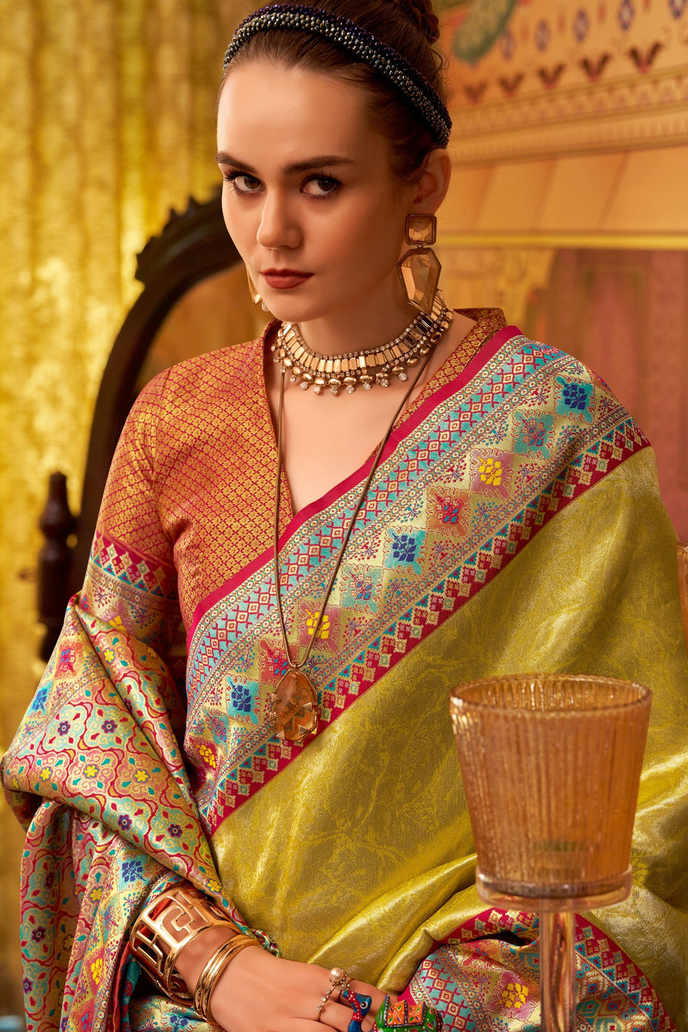 Yellow Banarasi Tissue Silk Multicolor Weaving Border Saree