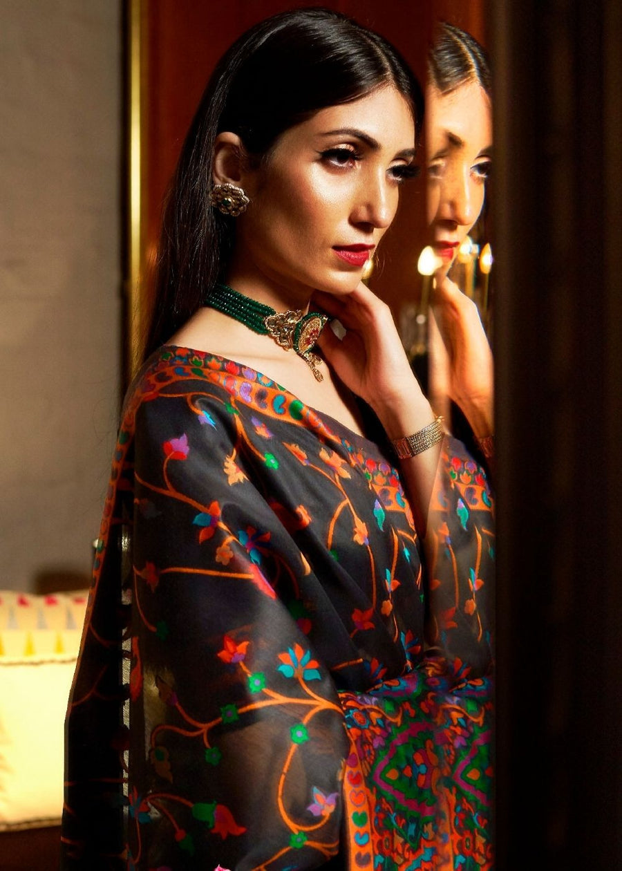 Pure Kashmiri Jamawar Silk Black Handloom Saree