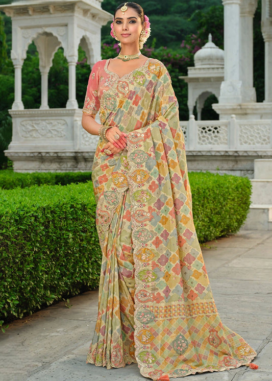 Multicolor Zari Silk Embroidered Bridal Saree & Pink Blouse
