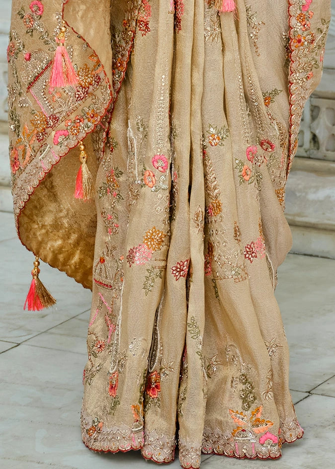 Cream Zari Silk Embroidered Bridal Saree