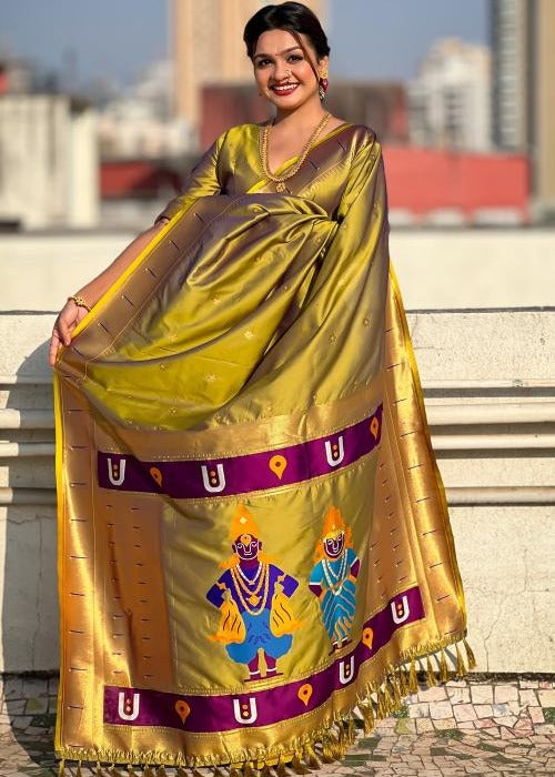 Olive Green Handwoven Paithani Silk Saree