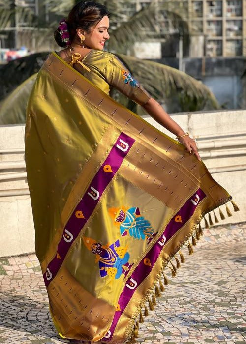 Olive Green Handwoven Paithani Silk Saree