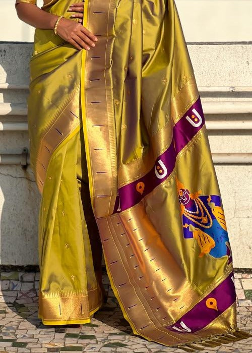 Olive Green Handwoven Paithani Silk Saree