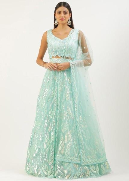 Aqua Blue Sequins Work Net Bridesmaids Lehenga Choli
