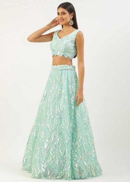Aqua Blue Sequins Work Net Bridesmaids Lehenga Choli