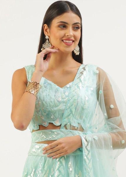 Aqua Blue Sequins Work Net Bridesmaids Lehenga Choli