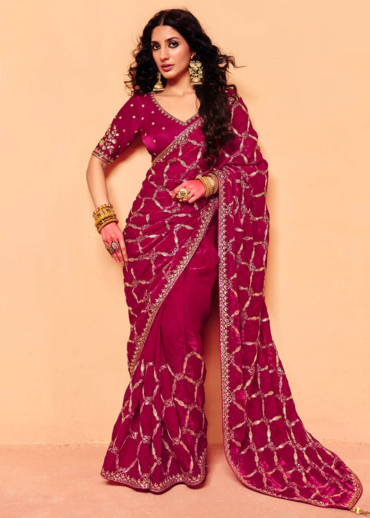 Chiffon Satin Silk Red and Gold Embroidered Bridal Saree