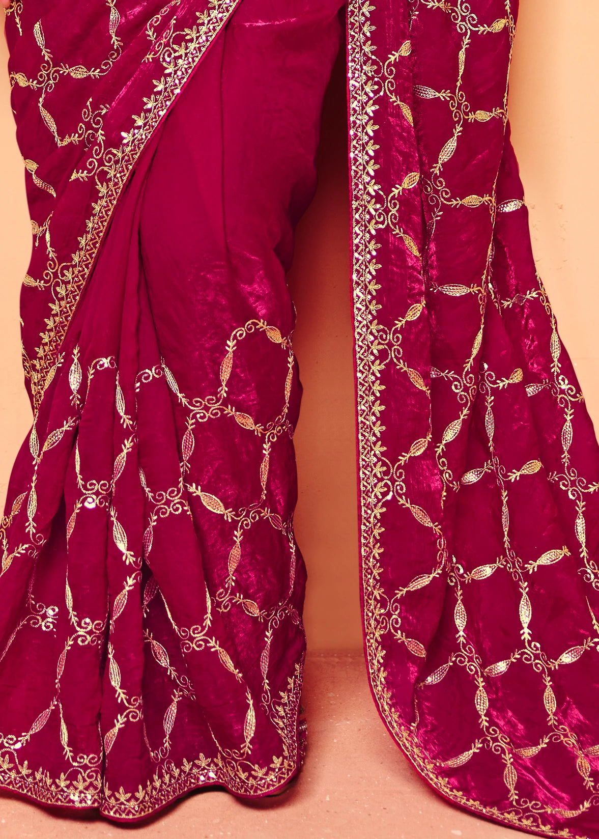 Chiffon Satin Silk Red and Gold Embroidered Bridal Saree