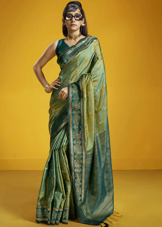 Two Tone Green Kanjivaram Silk Bridal Saree