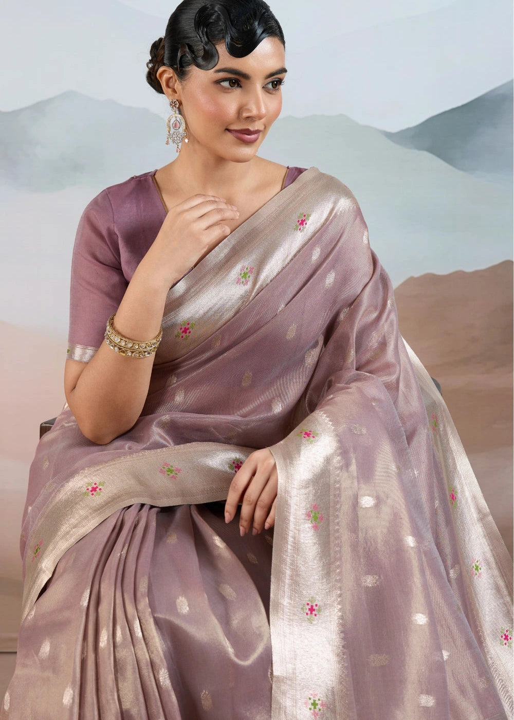 Mauve Purple Brown Tissue Silk Paithani Saree