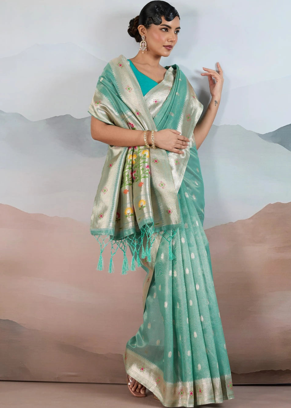 Sea Green Tissue Silk Paithani Saree