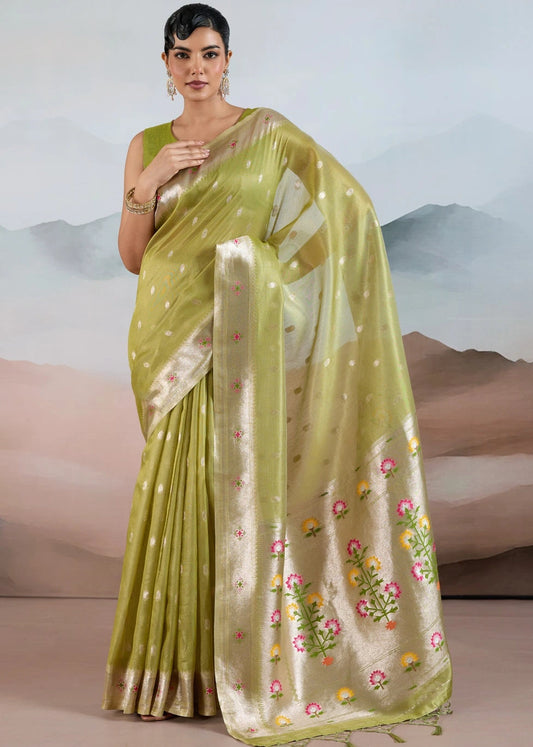 Lime Green Tissue Silk Paithani Saree