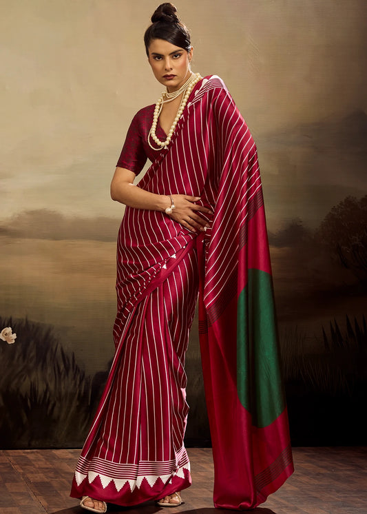 Pure Satin Crepe Silk Red Printed Saree