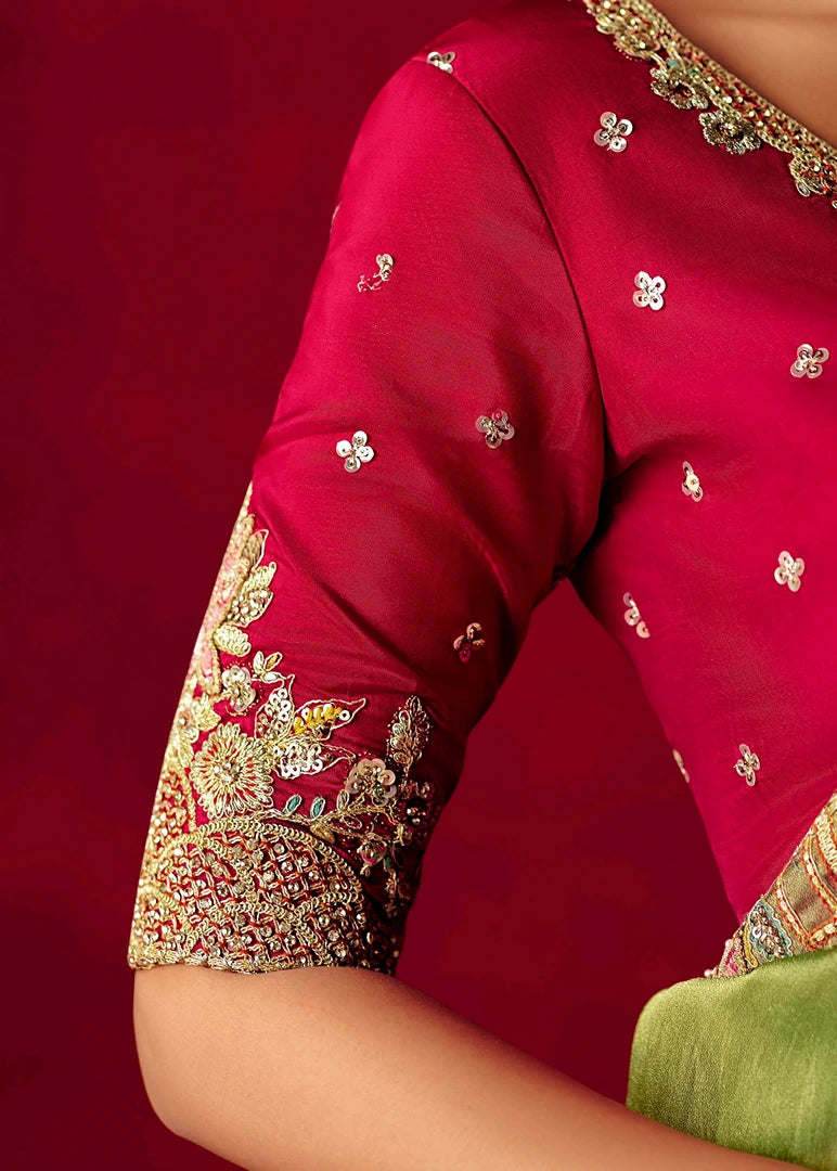 Designer Lime Green Organza Tissue Silk Embroidered Saree