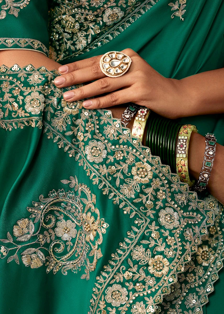 Emerald Green Crepe Silk Dabka Work Embroidered Bridal Saree