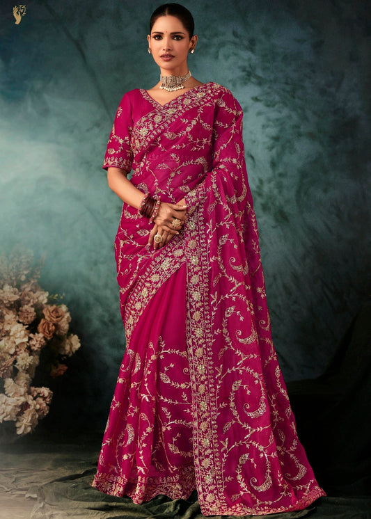 Rani Pink Crepe Silk Dabka Work Embroidered Bridal Saree