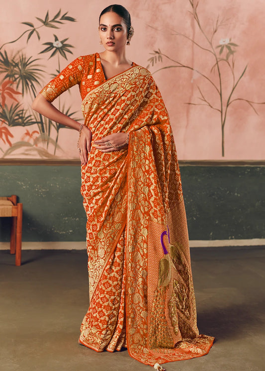 Pure Khaddi Georgette Orange Bridal Bandhani Saree