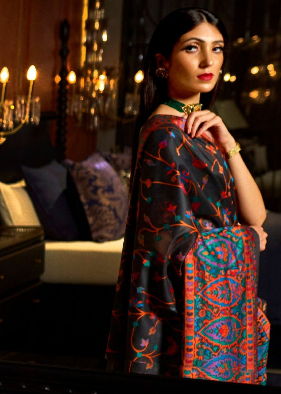 Pure Kashmiri Jamawar Silk Black Handloom Saree