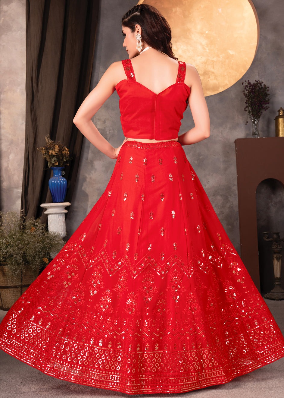 Red Sequins Work Georgette Lehenga Choli