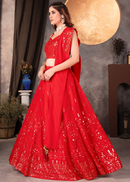 Red Sequins Work Georgette Lehenga Choli