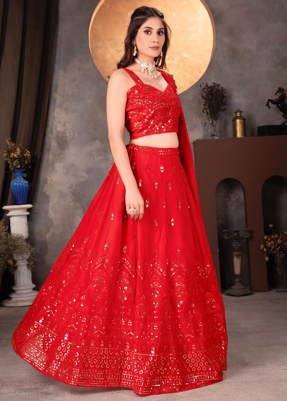 Red Sequins Work Georgette Lehenga Choli