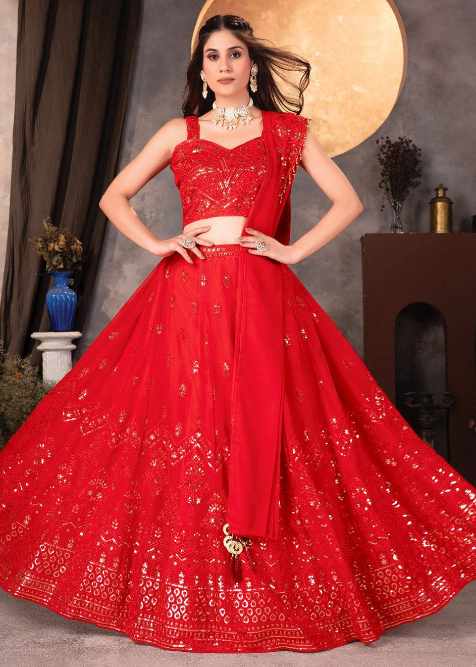 Red Sequins Work Georgette Lehenga Choli