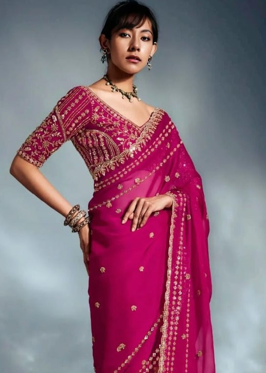 Hot Pink Tissue Silk Hand Embroidered Bridal Saree