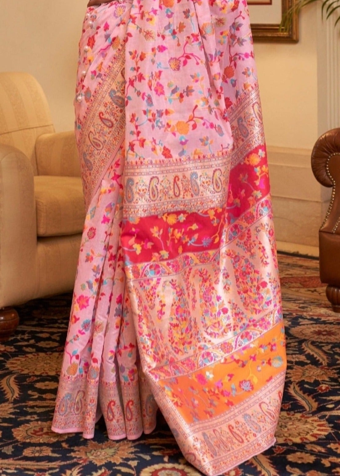 Kashmiri Jamawar Silk Pastel Pink Saree