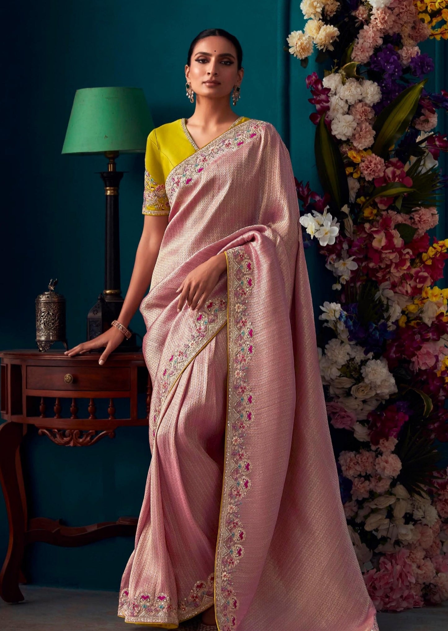 Bridal Banarasi Silk Pink Hand Embroidery Saree