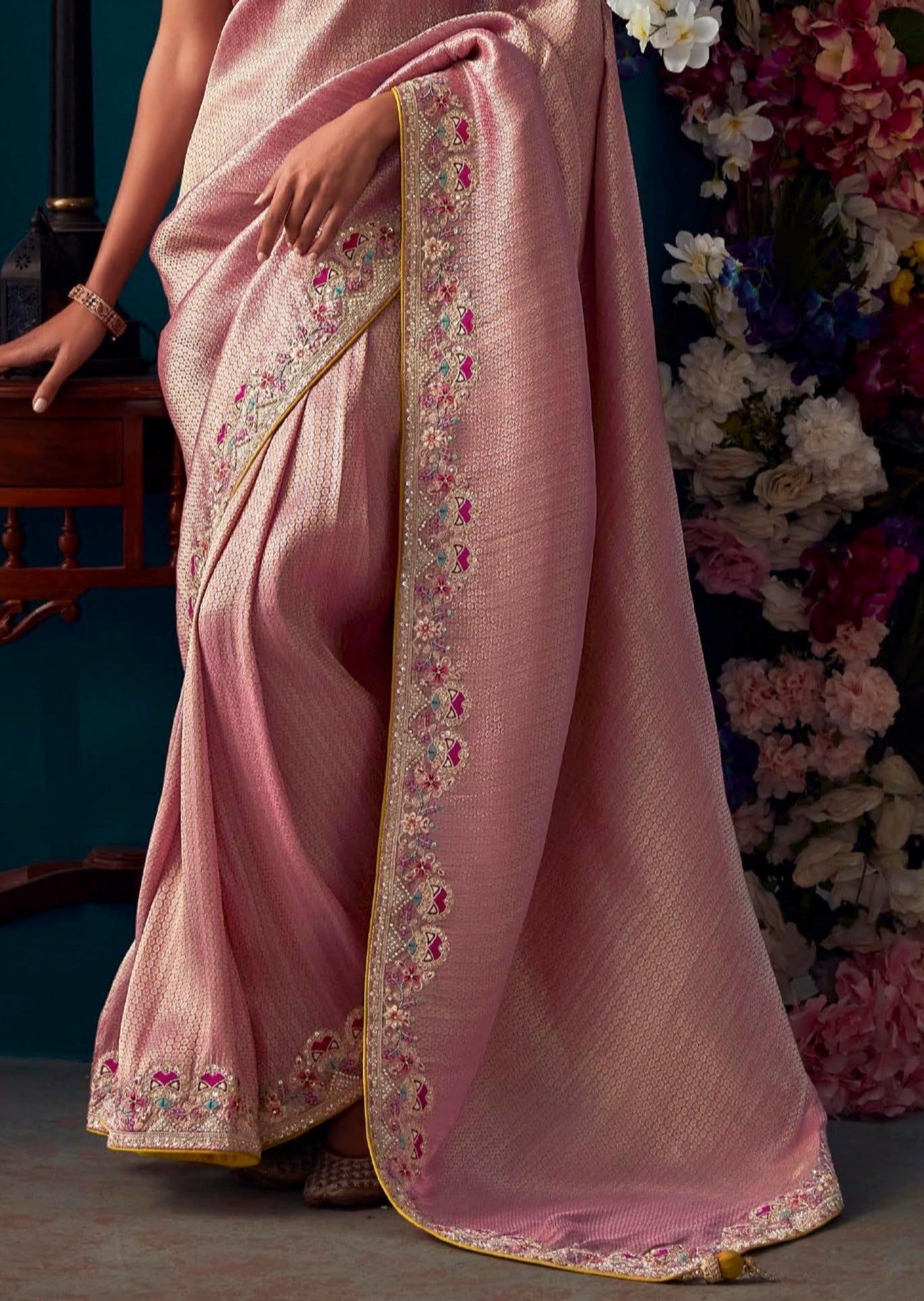 Bridal Banarasi Silk Pink Hand Embroidery Saree