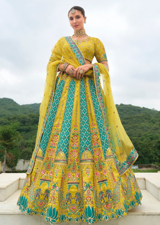 Teal Blue and Mustard Yellow Designer Bandhani Silk Lehenga Choli