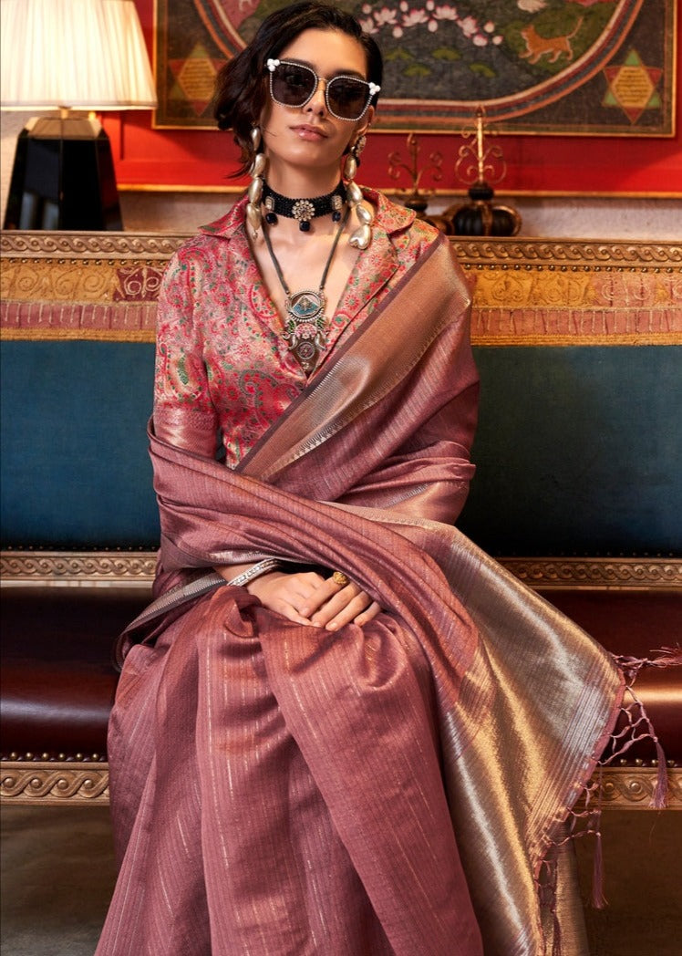 Banarasi Chiffon Brown Handloom Saree With Printed Blouse