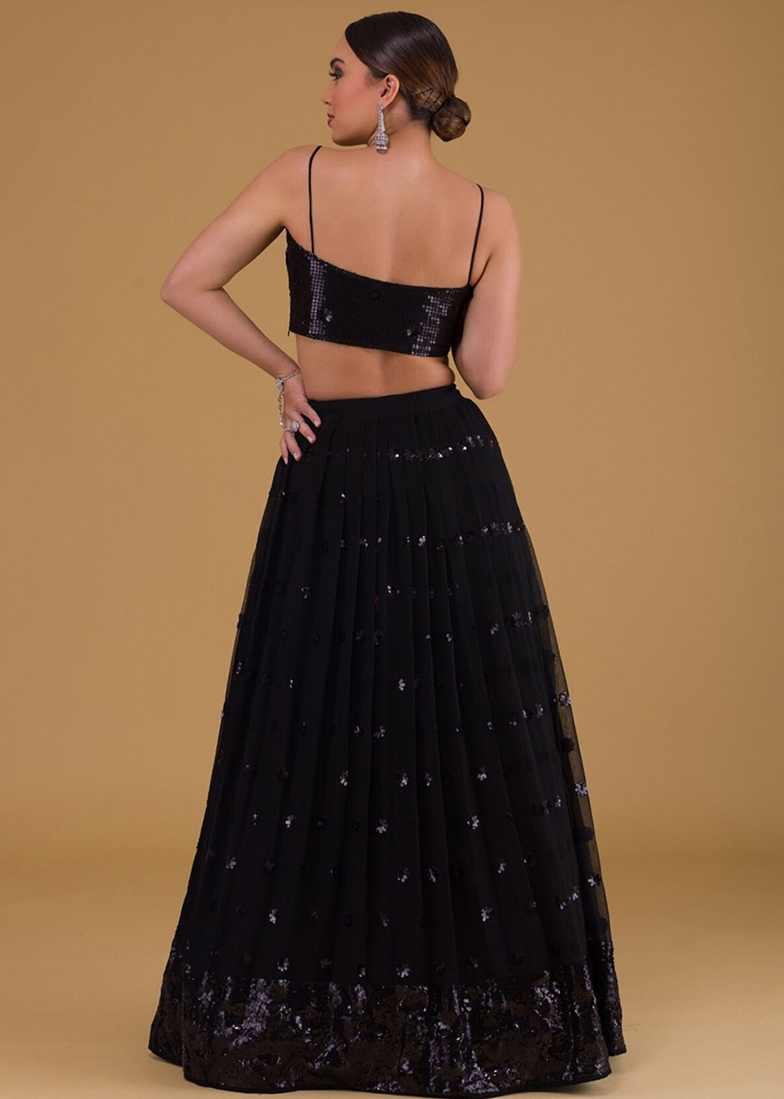 Jet Black Sequins Work Georgette Bridesmaids Lehenga Choli